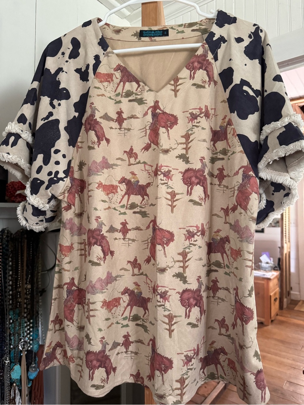 Cowboy Print Raglan Top with Cow Spot Sleeves